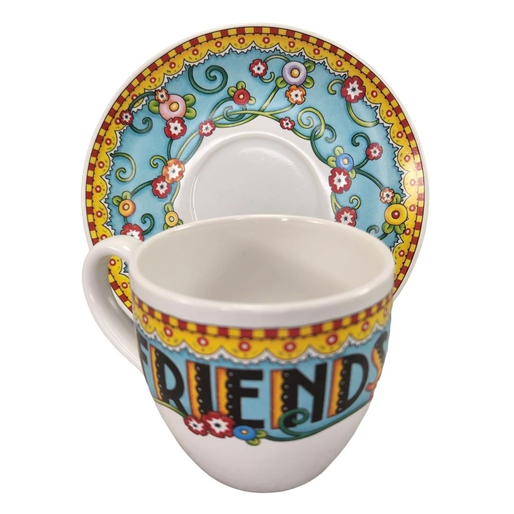 Mary Engelbreit Cup and Saucer Friends Tried and True Tea Coffee Colorful READ
